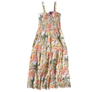 Roxy Women S Coral Yellow Tropical Floral Smock Tiered Sunnier Shores Midi Dress
